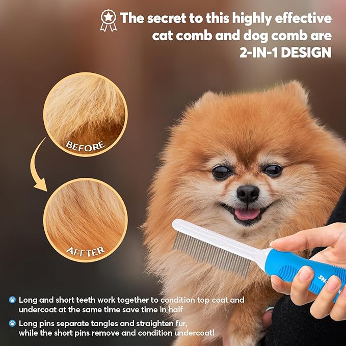 Detangling Pet Grooming Comb for Dogs & Cats with Long & Short Stainless Steel Metal Teeth for Removing Tangles and Knots - Dematting Brush to Detangle Matted Hair-PawvioPets