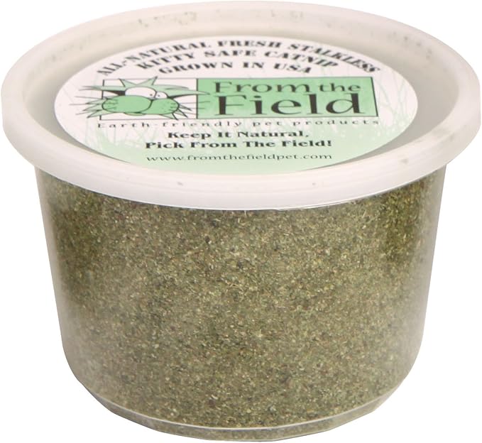 from The Field | Fine Ground Stalkless Catnip | Premium USA-Grown Catnip for Toys & Playtime | Fresh, Potent, Non-Toxic, Eco-Friendly | Safe for Kittens & Cats | Resealable 3.5 oz Tub-PawvioPets