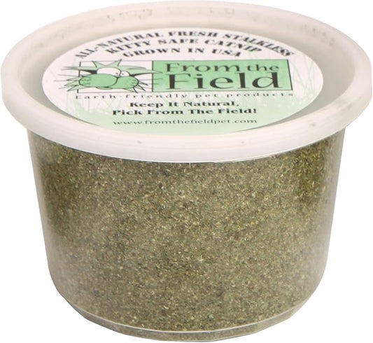 from The Field | Fine Ground Stalkless Catnip | Premium USA-Grown Catnip for Toys & Playtime | Fresh, Potent, Non-Toxic, Eco-Friendly | Safe for Kittens & Cats | Resealable 3.5 oz Tub-PawvioPets