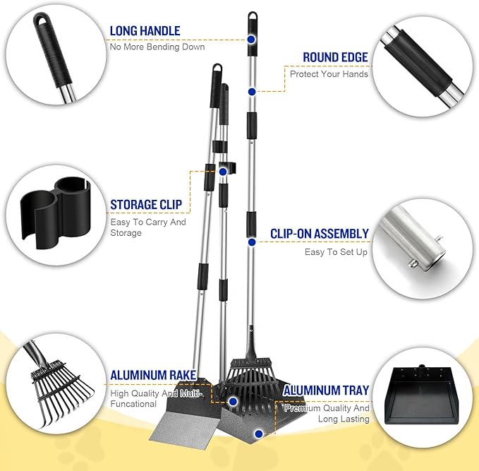 Dog Pooper Scooper for Large Dogs, 3 Pack Adjustable Long Handle Metal Tray, Rake and Spade Poop Scoop with Bin for Pet Waste Removal, No Bending Clean Up for Medium and Large Dogs-PawvioPets