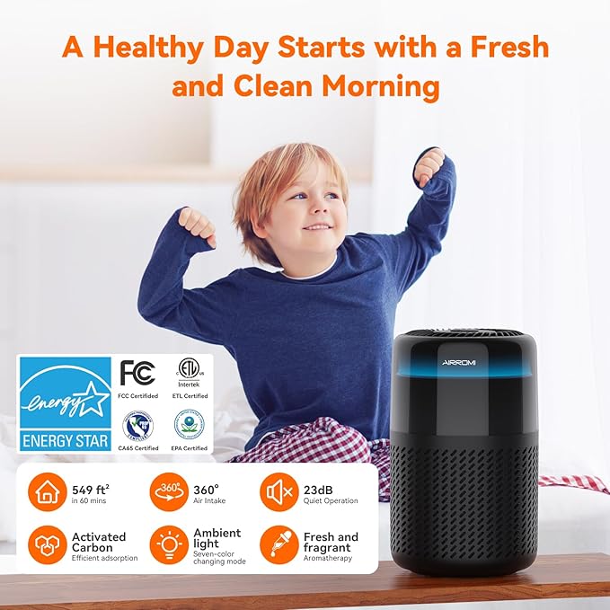AIRROMI Air Purifier for Bedroom Home,HEPA Filter,Covers Upto 549 Ft²,Quiet 360°intake Air Cleaner with Fragrance ponge for Better Sleep,Night Light,Filters Smoke,Pet Dander,Allergies,Dust,A2005 Black-PawvioPets