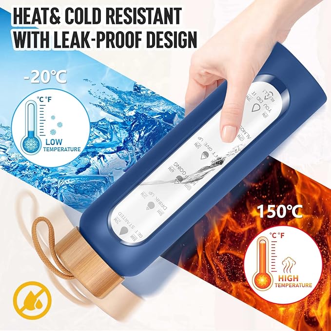 Aqulea Glass Water Bottles 25 Oz with Silicone Sleeve - BPA Free Reusable Wide Mouth Glass Motivational Water Bottles with Fruit Infuser – Leak Proof Borosilicate Water Bottle with Time Marker (Blue)-PawvioPets