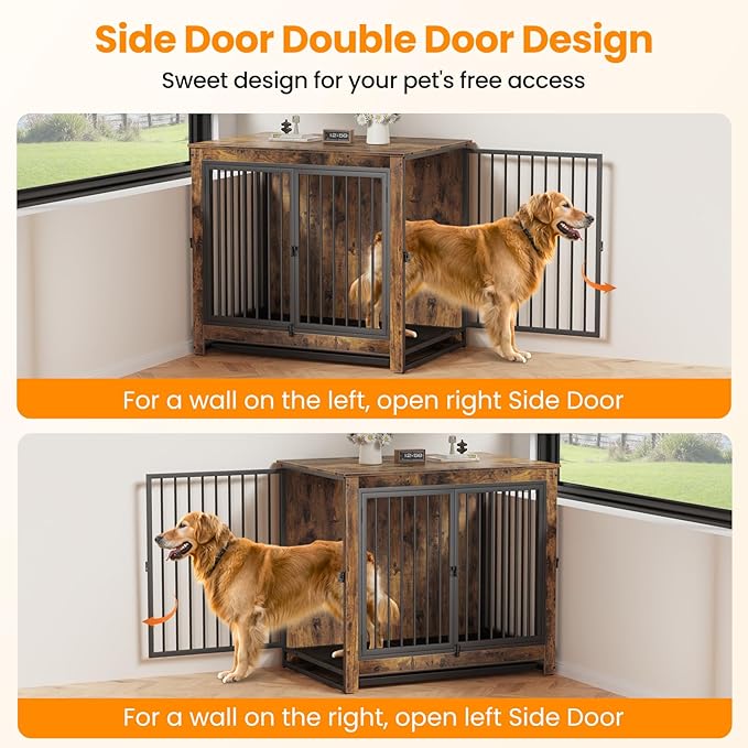 Dog Crate Furniture, Large Dog Crate Furniture, Wooden Cage Kennel Furniture Indoor, Modern Dog Crate with Multi-Purpose Removable Tray, Double-Doors Dog Furniture, Rustic Brown-PawvioPets