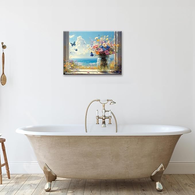 Beach Floral Bathroom Pictures Wall Art, Colorful Flower Bathroom Wall Decor, Coastal Ocean Framed Painting Canvas Artwork for Bedroom Living Room Decorations 16"L x 12"W-PawvioPets