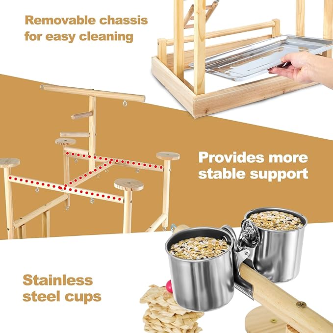 Bird Playground - Natural Wood Parrot Playstand with Perches, Bird Play Gym & Accessories, Removable Tray & 4 Stainless Steel Cups-PawvioPets