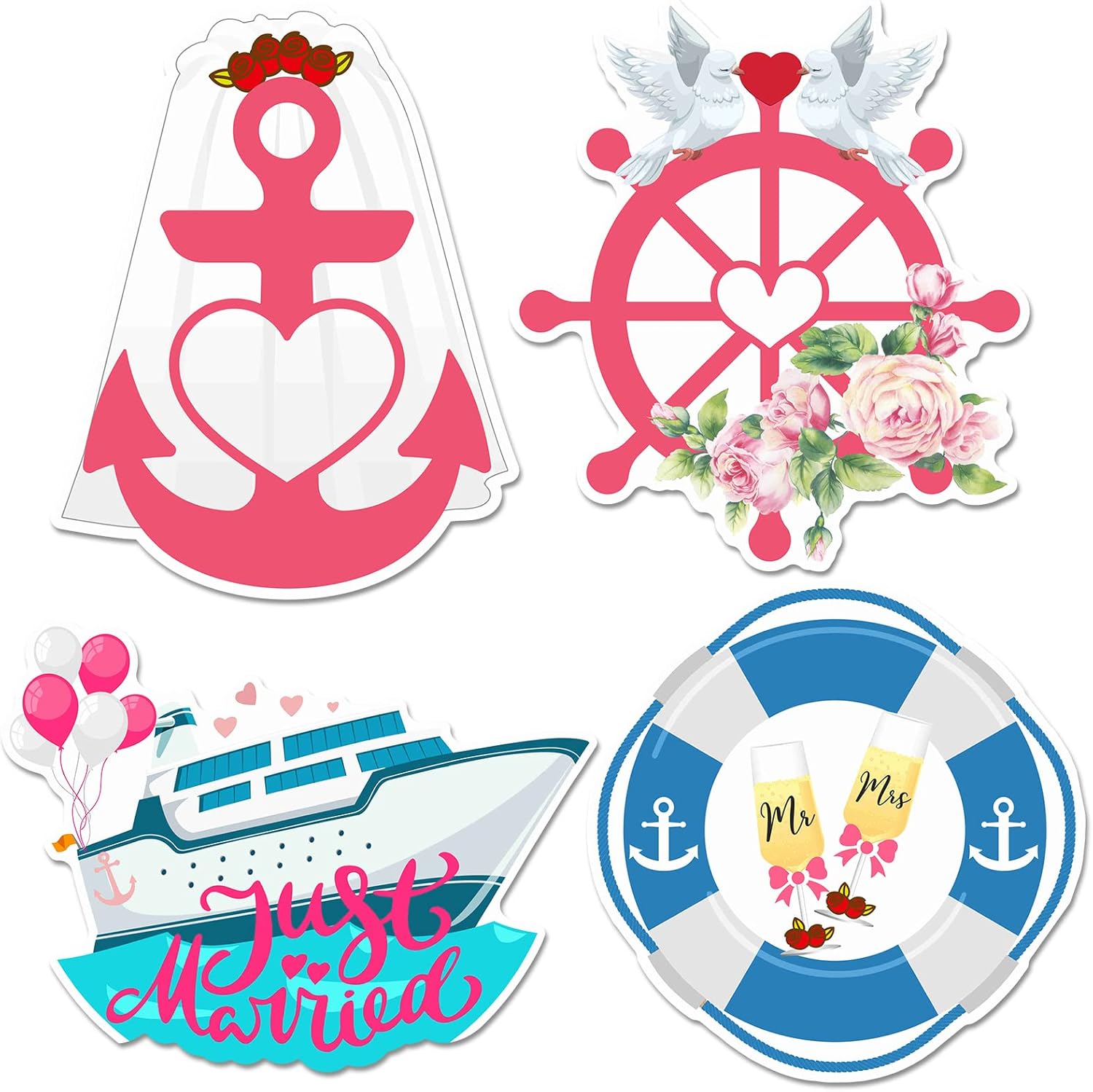 Xuhal 4 Pcs Just Married Cruise Door Decorations Wedding Honeymoon Cruise Door Magnets Just Married Car Decoration Anchor Life Preserver Magnet Carnival Car Locker Refrigerator
