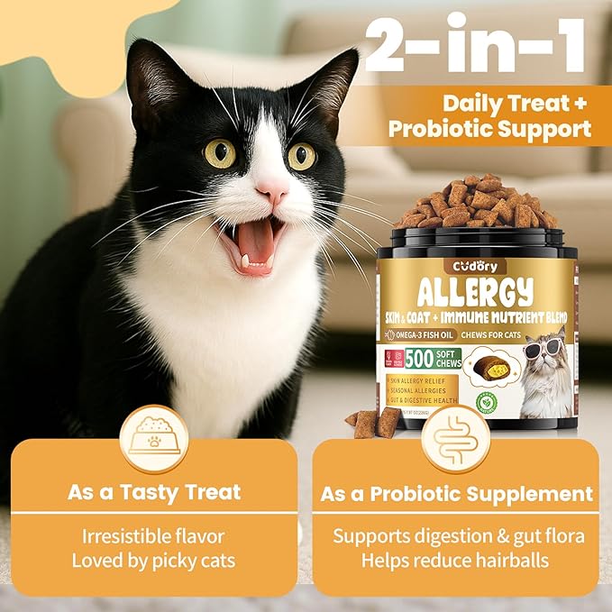 Cat Allergy Relief for Cats, Crunchy & Creamy Chews for Immune & Skin Coat Support – Seasonal Allergies, Itching Relief, Omega 3 & Probiotic Natural Supplement for Cats, Chicken Flavor – 500 Chews-PawvioPets