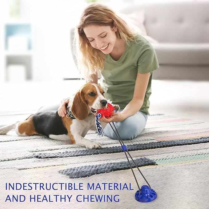 Aggressive Chewer Dog Toys - Rope Toys with Suction Cup, Teething Treats & Puzzle Food Dispensing Ball (Navy Blue)-PawvioPets