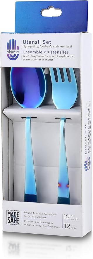 Ahimsa Stainless Steel Kids Utensils - Kids Fork and Spoon Set, Pediatrician Designed Toddler Utensils, 100% BPA Free & Dishwasher Safe (Iridescent Blue)-PawvioPets
