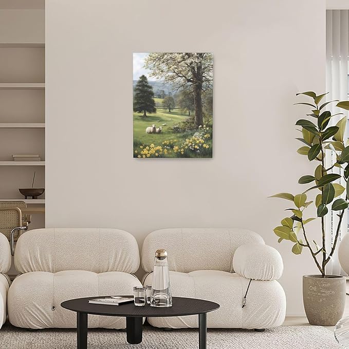 Country Sheep Canvas Wall Decor Farmhouse Rustic Lamb Wildflower Wall Art Nature Countryside Landscape Pictures Painting Print Framed Artwork Decorations for Bathroom Living Room Bedroom 12"x16"-PawvioPets