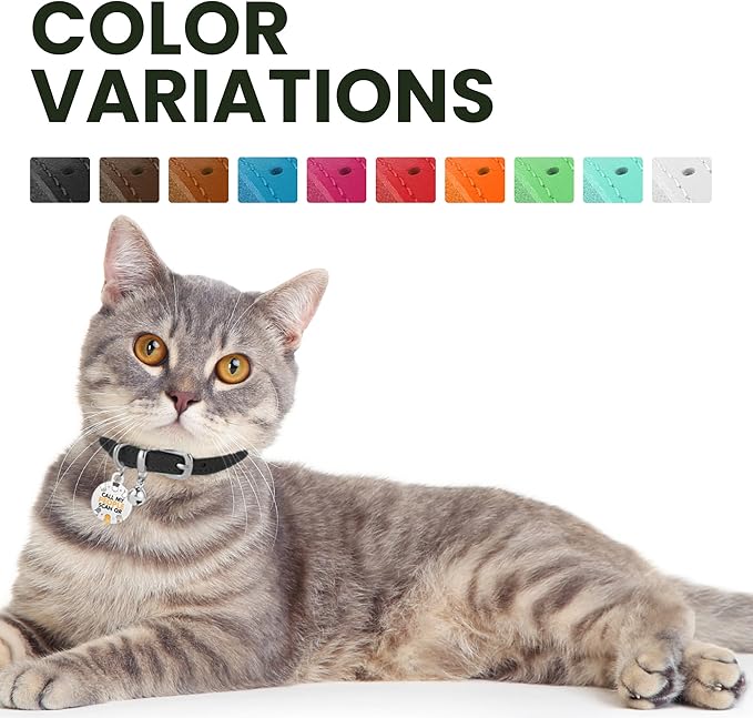 BRONZEDOG Leather Cat Collar with Removable Bells Non Breakaway Kitten QR Tag for Girl Boy (7" - 9" for Cats, Black & Silver)-PawvioPets