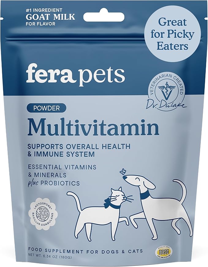 Fera Pets Goat Milk Topper - Multivitamin for Dogs & Cats with Probiotics - Supports Overall Health, Gut Health, and Immune System - for Picky Eaters - 60 TSP-PawvioPets