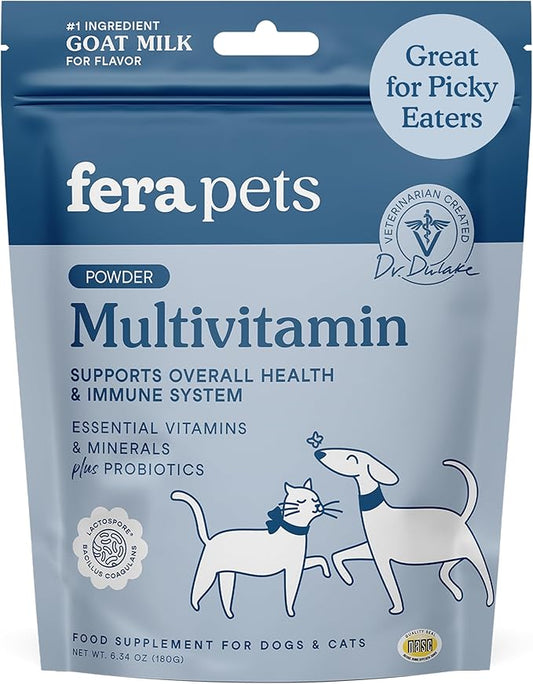 Fera Pets Goat Milk Topper - Multivitamin for Dogs & Cats with Probiotics - Supports Overall Health, Gut Health, and Immune System - for Picky Eaters - 60 TSP-PawvioPets