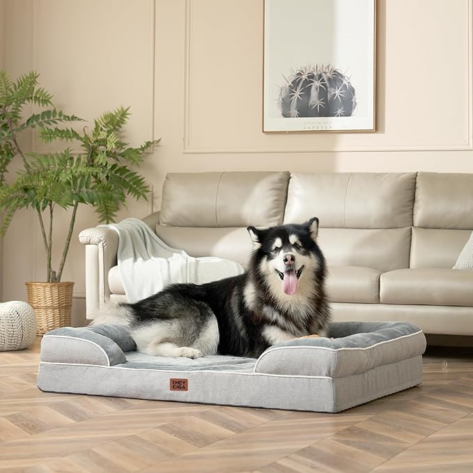 EHEYCIGA Orthopedic Dog Beds for Extra Large Dogs, Waterproof Memory Foam XXL Pet Bed with Sides, Non-Slip Bottom and Egg-Crate Foam Big Dog Couch Bed with Washable Removable Cover, Grey-PawvioPets