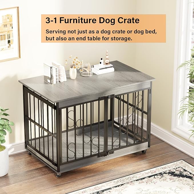 COZPAW Dog Crate Furniture, 48 Inch Dog Crates for Medium/Large Dogs, Farmhouse Wood Dog Kennel Indoor Heavy Duty Dog Cage with Caster Wheels (Gray)-PawvioPets