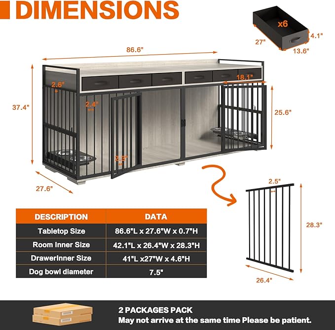 86.6inch Dog Crate Furniture with Storage,Furniture Style TV Stand Dog Kennel for 2 Dogs,with 6 Drawers,Removable Divider&Adjustable Bowls,Heavy Duty Metal Chew-Resistant Dog Crate Furniture-PawvioPets