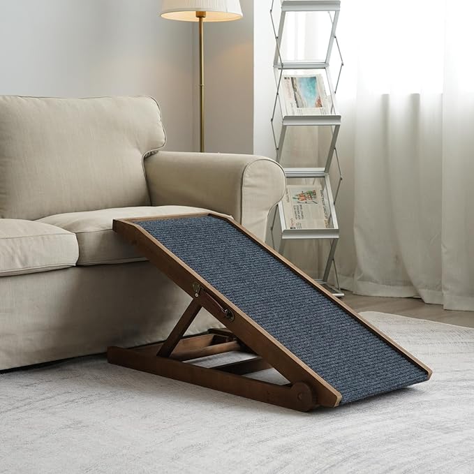 Dog Ramp for Bed Couch - Pet Steps Stairs to Get on Bed Couch 11.8"-19.6" High for Small or Large Dog Up to 200 lbs, Adjustable Wooden Dog Ramp Steps Foldable Portable, Anti-Slip Carpet (Brown)-PawvioPets