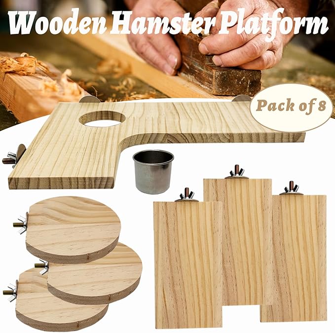 8 Pcs Wooden Hamster Cage Platform Set Wood Juvenile Chinchilla Shelves, Squirrel L-Shape Corner Ledge with Hole Cooling Standing Board Rat Cage Accessories for Gerbil Small Animal Climbing-PawvioPets