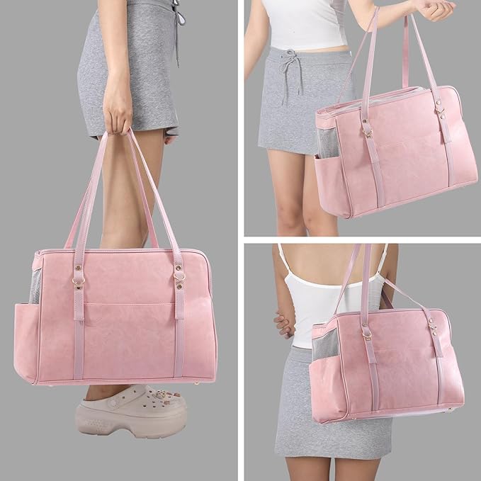 Dog Carrier Purse, Fashion Leather Pet Carrier with Pockets, Airline Approved Soft Sided Dog Carrying Bag for Puppy Cat Dog Pink-PawvioPets