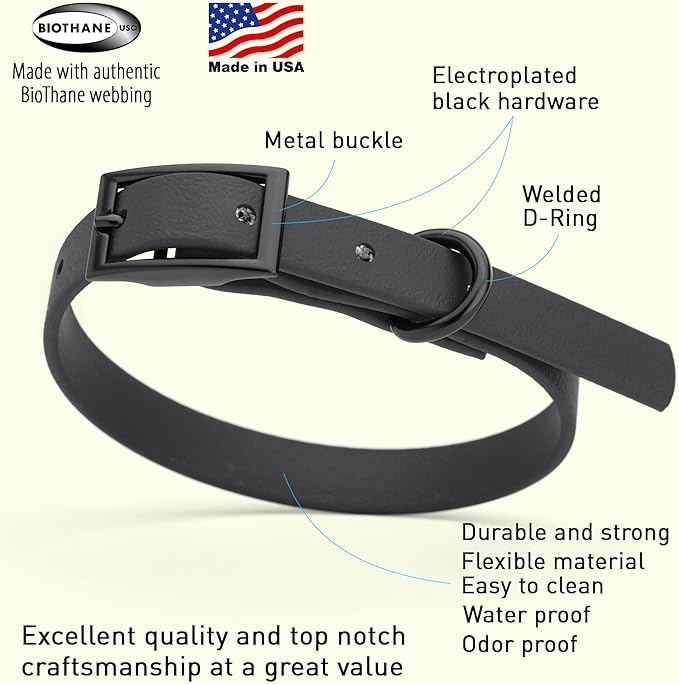 Dogline Biothane Waterproof Dog Collar Strong Coated Nylon Webbing with Black Hardware Odor- Proof for Easy Care Easy to Clean High Performance Fits Small Medium or Large Dogs, Black-PawvioPets