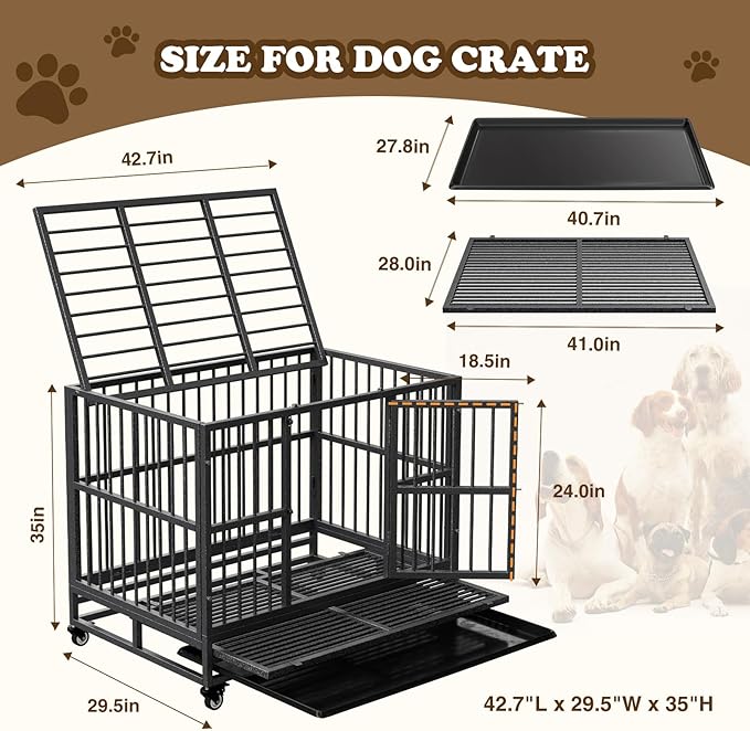 Dog Crate with Removable Tray, 37/42/46 Inch Indestructible and Escape Proof Steel Dog Cage Kennel for High Anxiety Dogs, Heavy Duty Dog Crate with Wheels, Double Door, Extra Large XL XXL-PawvioPets