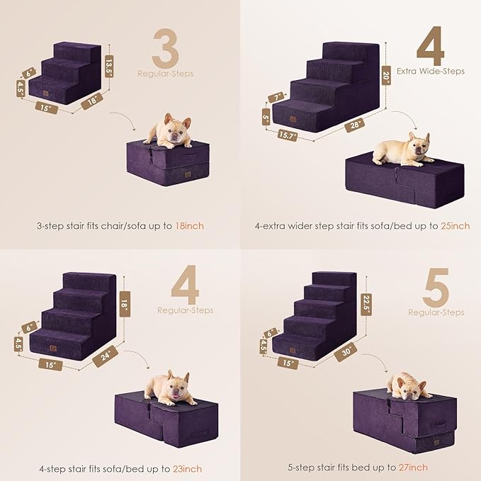 EHEYCIGA Dog Stairs for Bed 20" H, 4-Step Extra Wide Dog Steps for High Bed, Pet Steps for Small Dogs and Cats, Non-Slip Balanced Pet Ramp Indoor, Purple-PawvioPets