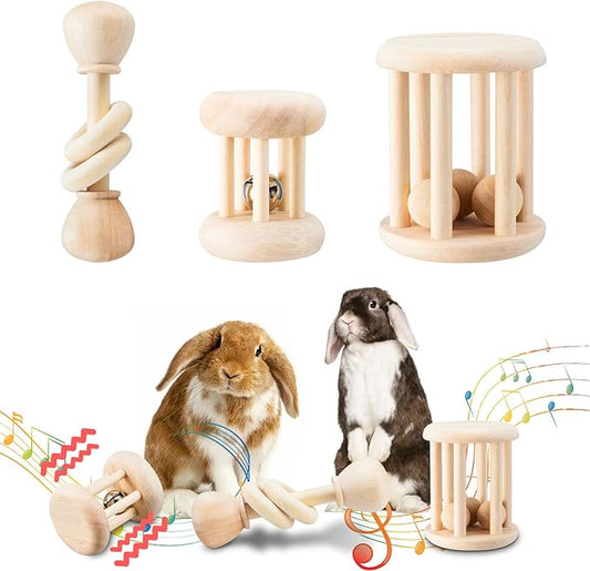 3 Pcs Wooden Bunny Toys - Safe Rabbit & Guinea Pigs Teeth Grinding Toys for Chinchillas, Hamsters & Small Animals - Indoor & Outdoor-PawvioPets