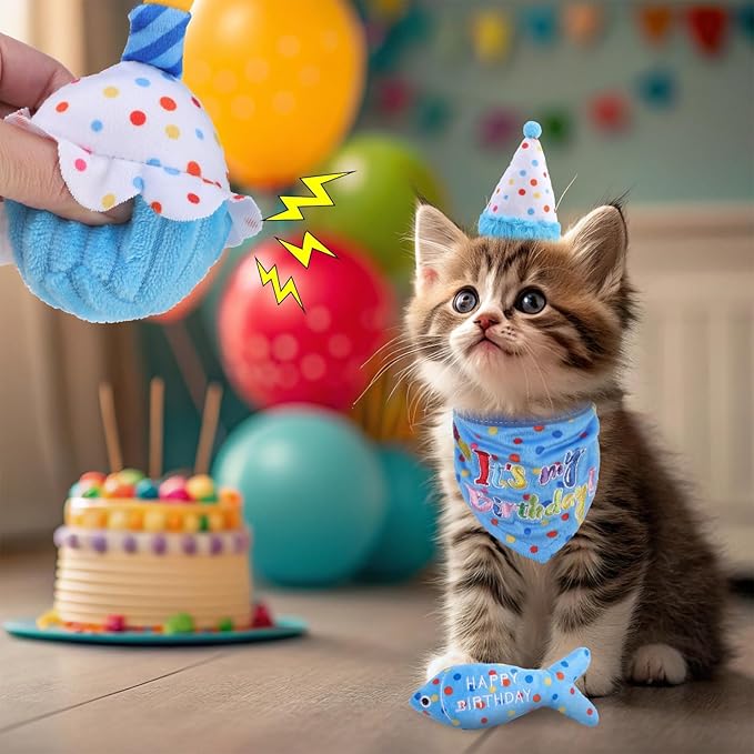 BINGPET Cat Birthday Catnip Toys for Indoor Cats,Cat Birthday Hat,Bandana and Cat Birthday Cake Interactive Plush Kitten Chew Toys,Cute Fish,Balloon Toys with Crinkle Paper and Catnip Inside(Sky Blue)-PawvioPets