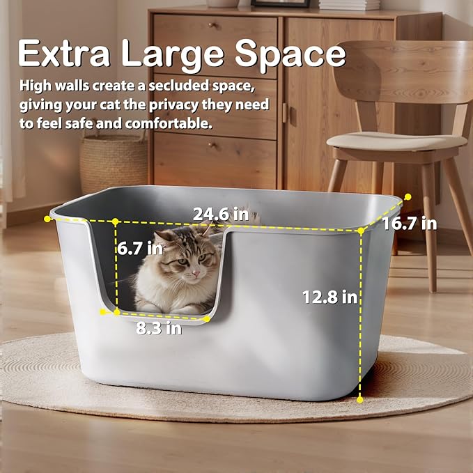 Extra Large Cat Litter Box with High Sides - Splash-Proof Design for Big Cats & Multi-Cat Homes, 24.6in x 16.7in x 12.8in (Gray)-PawvioPets