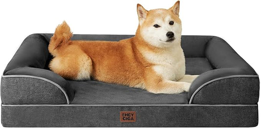 EHEYCIGA Orthopedic Dog Beds for Large Dogs, Waterproof Memory Foam Large Pet Bed with Sides, Non-Slip Bottom and Egg-Crate Foam Dog Couch Bed with Washable Removable Cover, Dark Grey-PawvioPets