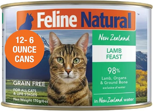 Feline Natural New Zealand Canned Catfood Wet Food, High-Meat, Low-Carb, & Grain Free Cat Food Wet, Lamb Feast, 6 oz, Pack of 12-PawvioPets