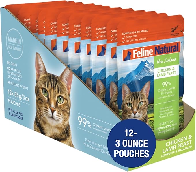 Feline Natural Wet Cat Food Pouch - Chicken & Lamb Feast, Grain-Free, Cage-Free & Grass-Fed, New Zealand Made, Single Serve Pate, 3oz, 12 Pack-PawvioPets