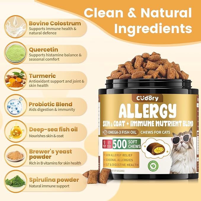 Cat Allergy Relief for Cats, Crunchy & Creamy Chews for Immune & Skin Coat Support – Seasonal Allergies, Itching Relief, Omega 3 & Probiotic Natural Supplement for Cats, Chicken Flavor – 500 Chews-PawvioPets