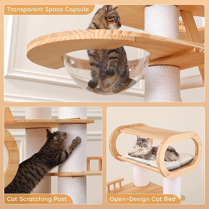 76.8'' Modern Cat Tree for Indoor Cats, Tall Wooden Cat Tower for Home Decoration, Multi-Level Tower with Transparent Cat Bed, Huge Cat Condo for Multi-Cat Families-PawvioPets