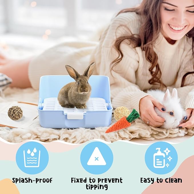 15 Pcs Rabbit Starter Kit Small Rabbit Litter Box Animal Grooming Kit Bunny Toys Bowl Blankets with Cleaning Set for Guinea Pig Accessories(Candy Blue)-PawvioPets