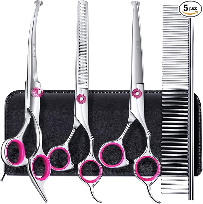 Gimars Dog Grooming Scissors Kit Professional 4CR with Safety Round Tip, 5 in 1 Heavy Duty Titanium Coated Thinning & Curved & Straight Shears-PawvioPets