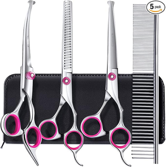 Gimars Dog Grooming Scissors Kit Professional 4CR with Safety Round Tip, 5 in 1 Heavy Duty Titanium Coated Thinning & Curved & Straight Shears-PawvioPets