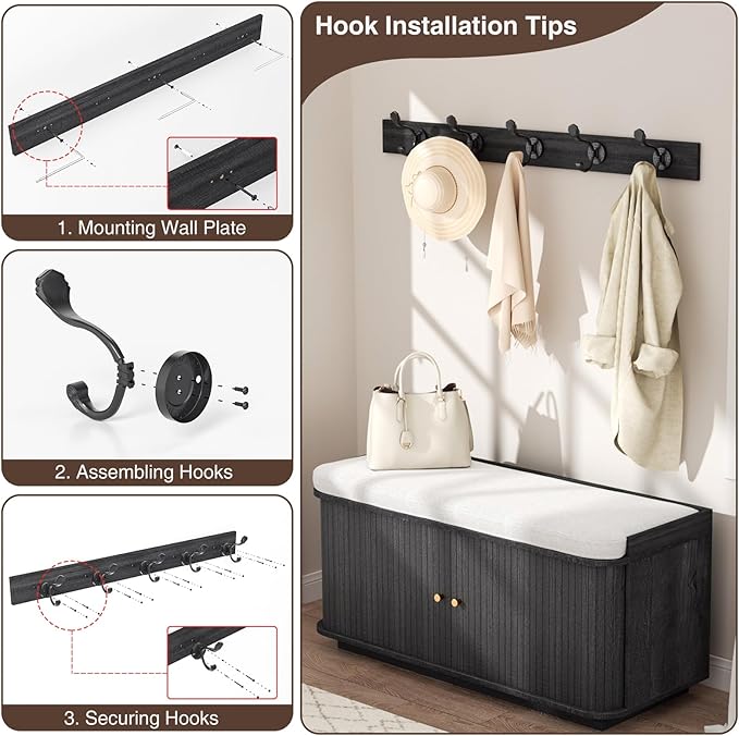 Dark Grey 39.4" W 2-Tier Shoe Bench with Storage | Entryway Bench with Padded Cushion, Sliding Doors & 5 Hooks-PawvioPets