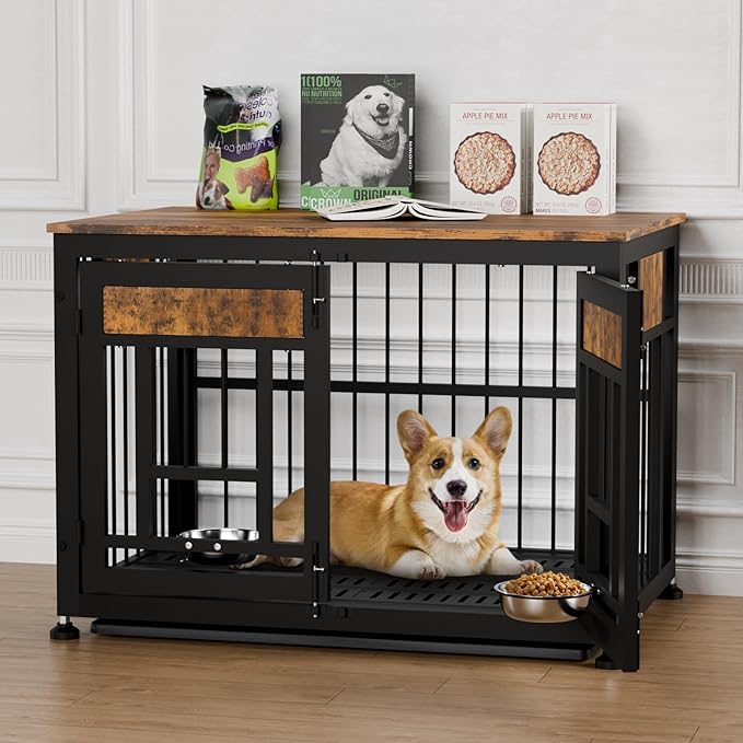 Dog Crate Furniture End Table 38 Inch Hidden Kennel Cabinet with Removable Tray, Thickened Metal Frame Dog Cage, Dual-Purpose Pet House & Nightstand for Living Room-PawvioPets