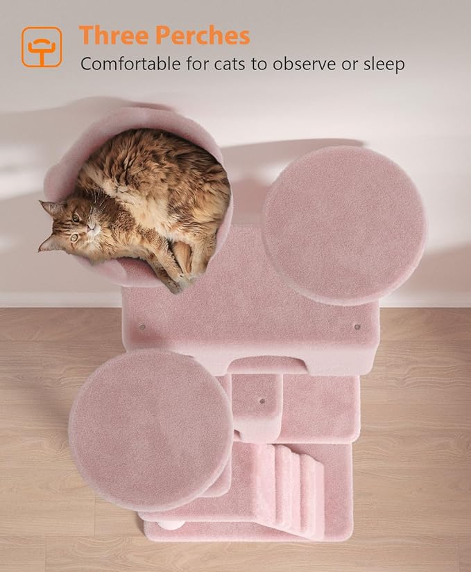 54" Cat tree Tower for Indoor Cats Large Adult,Cute/Tall Modern Cat Tree for Big Cats 20 lbs,Plush Multi-Level Cat Condo with Scratching Posts, Dangling Ball for fun play (Soft Pink, 54 inch)-PawvioPets