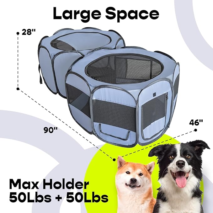 EighteenTek XLarge 2-in-1 Pop up Dog Playpen, Assembly-Free, with Leakproof Pet Pee Pads,Portable Foldable Cat Tent Enclosure Indoor Outdoors Puppy Kittens Small Animals Crates (L, 90" Lx45 Wx28 H)-PawvioPets