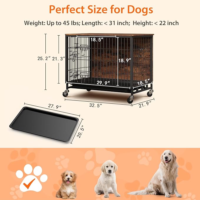 Dog Crate Furniture, 32.5" Wooden Dog Crate Furniture Side End Table, Indoor Kennel with Double Doors, Dog Crates for Medium Dogs, Rustic Brown-PawvioPets