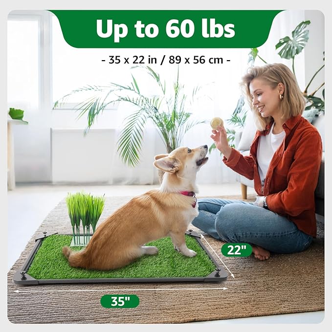 Dog Grass Pad with Tray - 35''x23'' Dog Litter Box Indoor Outdoor Full Potty System, Artificial Grass Patch Mat and Washable Pee Pad for Puppy Training - Pet Toilet for Balcony Patio-PawvioPets