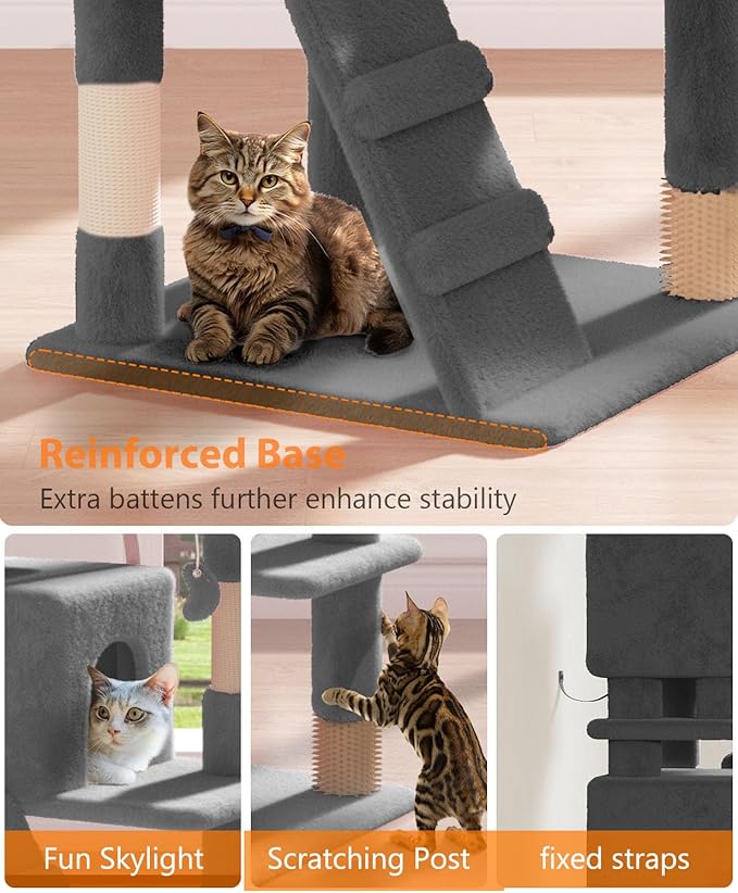 77'' Cat Tree Tower for Indoor Cats Large Adult, Cute/Tall Modern Cat Tree for Big Cats 20 lbs, Plush Multi-Level Cat Condo with Scratching Posts, Dangling Ball (Smoky Gray, 77 inch)-PawvioPets