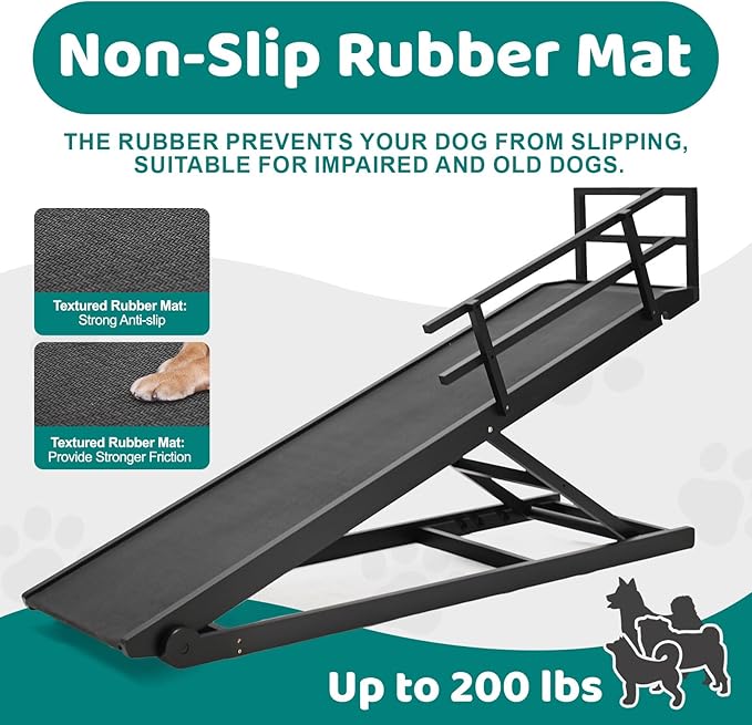 Dog Ramp for Bed, Adjustable Pet Ramps for Dog to Get on Bed, Non-Slip Rubber Surface - Folding Wooden Dog Ramp for Small/Large/Old Dogs, Adjustable up to 31 inch High Beds, Safety Railings-PawvioPets