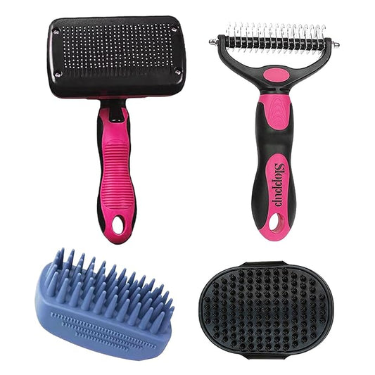 Dog Brush Kit for Grooming Short & Long Haired Dogs & Cats, 4-in-1 Pet Grooming Set with Self-Cleaning Slicker Brush, Deshedding Tool, Shampoo Bath Comb, Massge Comb (Pink Black)-PawvioPets