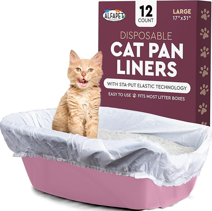 Alfapet Elastic Cat Litter Box Liners - Large 12 Count - Tear-Resistant Cat Litter Bags - Waterproof Kitty Litter Liners - Fits Litterbox Pan Sizes Medium and Large, 31" x 17", 20 lb Capacity-PawvioPets