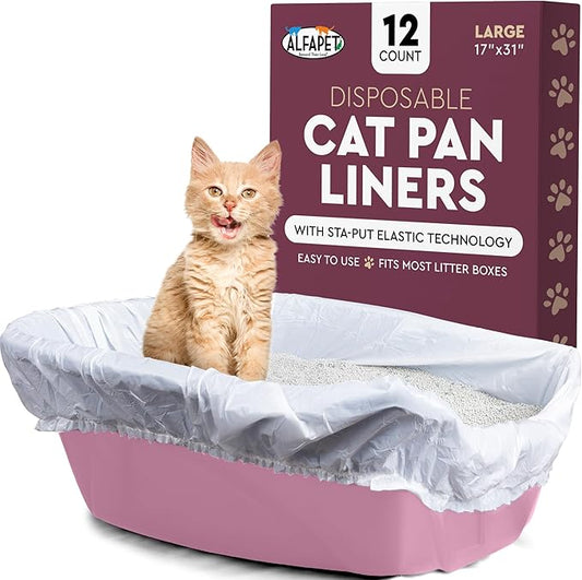 Alfapet Elastic Cat Litter Box Liners - Large 12 Count - Tear-Resistant Cat Litter Bags - Waterproof Kitty Litter Liners - Fits Litterbox Pan Sizes Medium and Large, 31" x 17", 20 lb Capacity-PawvioPets