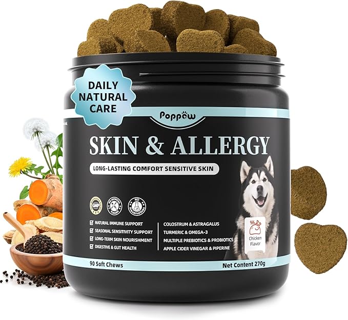 Dog Skin & Allergy Chews - Dog Probiotics for Sensitive Skin Health Support - Allergy Relief - Support Seasonal Allergies, Immune & Gut & Digestive Health Supplement - Chicken Flavor - 90 Count-PawvioPets