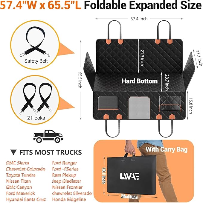 Back Seat Extender for Dogs Hard Bottom Holds 500lbs,Waterproof Dog Car Seat Cover for Back Seat, Truck-Large Space Dog Hammock for Truck-PawvioPets